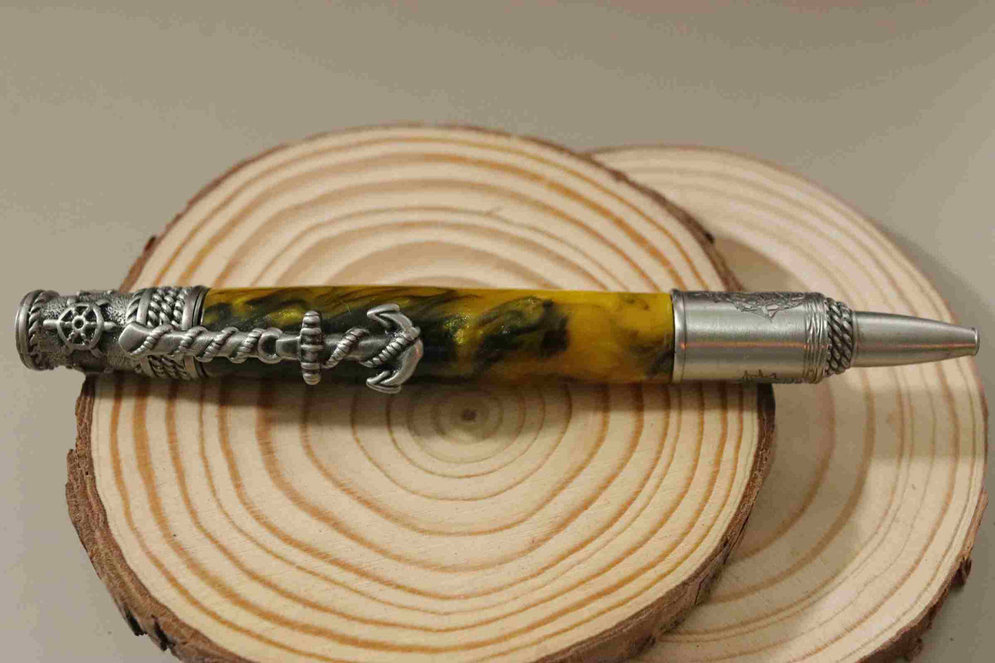 Handcrafted Acrylic Yellow/Black- Nautical Antique Pewter Finish Twist Pen