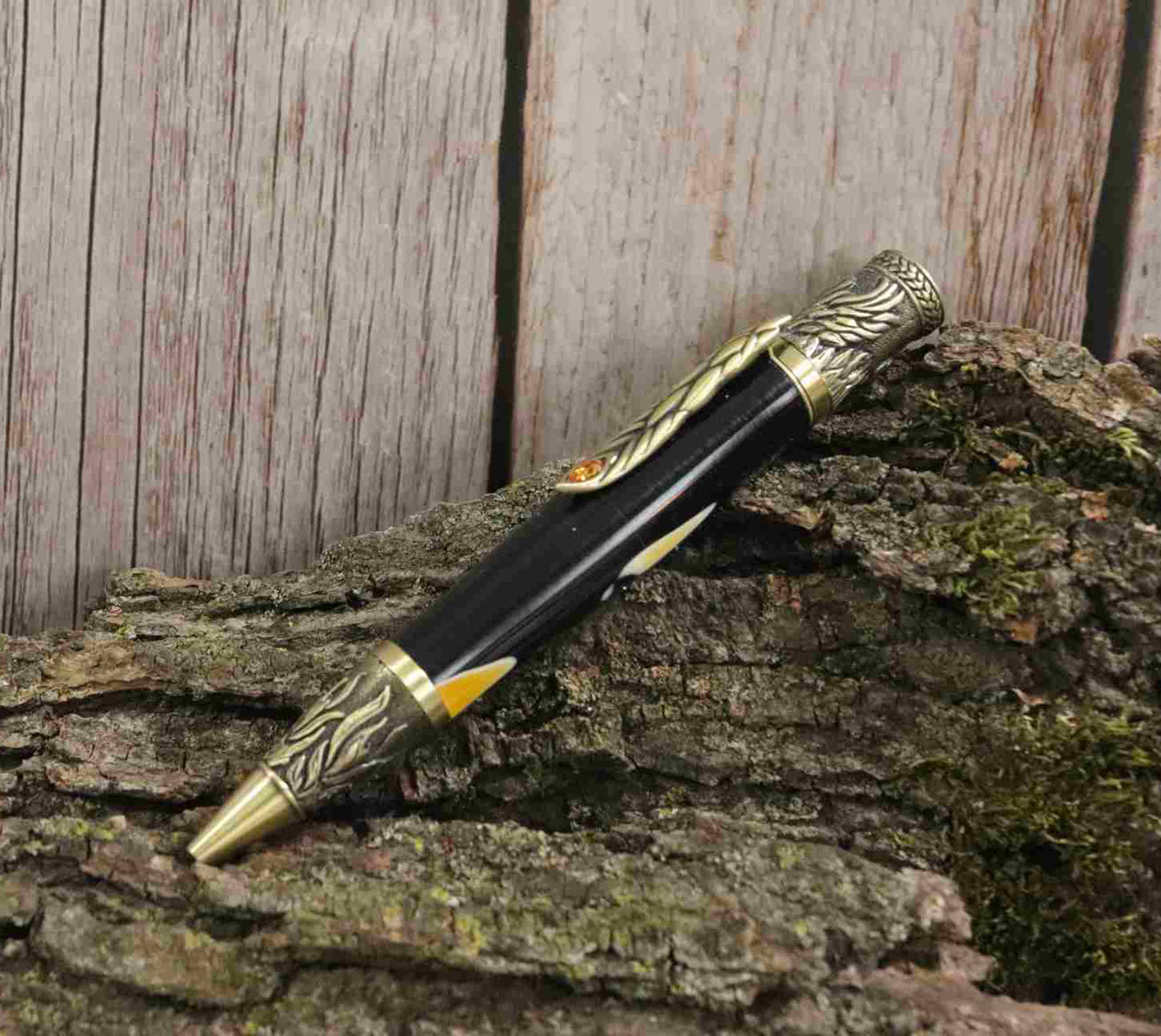 Handcrafted Yellow/Black Color Acrylic With Metal Phoenix Rising Antique Brass Design Twist Pen