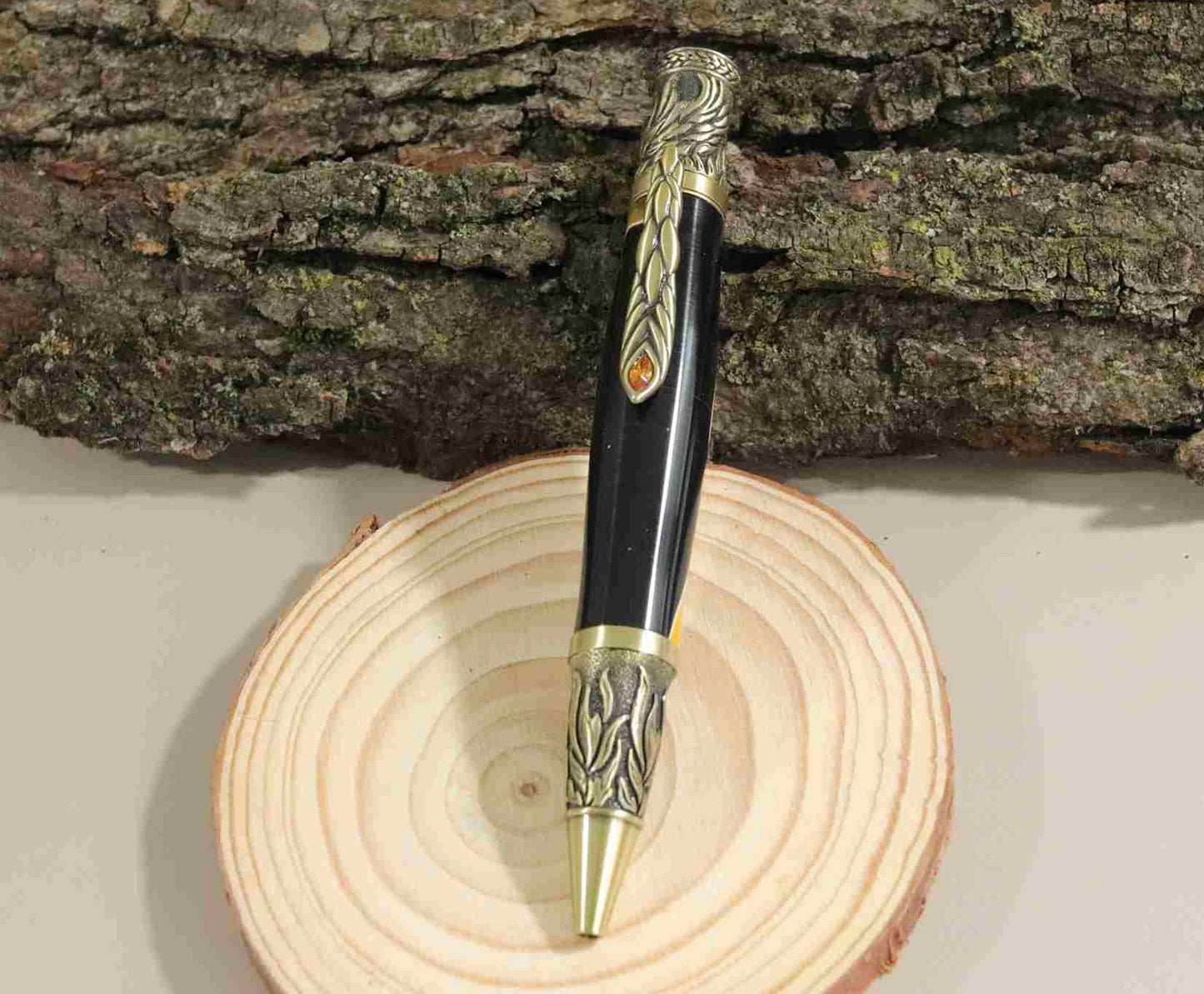 Handcrafted Yellow/Black Color Acrylic With Metal Phoenix Rising Antique Brass Design Twist Pen