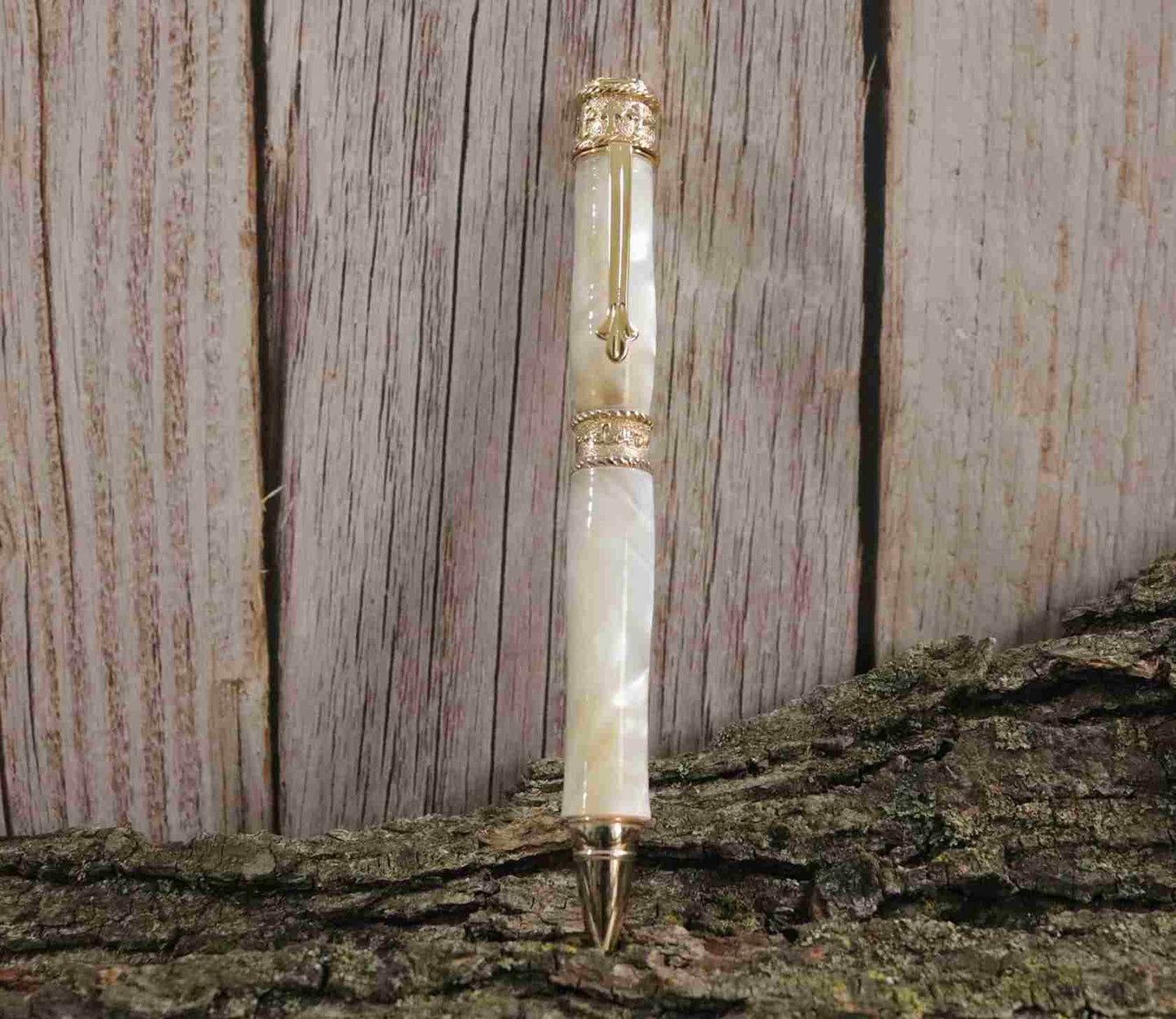 Handcrafted Acrylic Opal White Twist Pen- Faith With Gold Finish