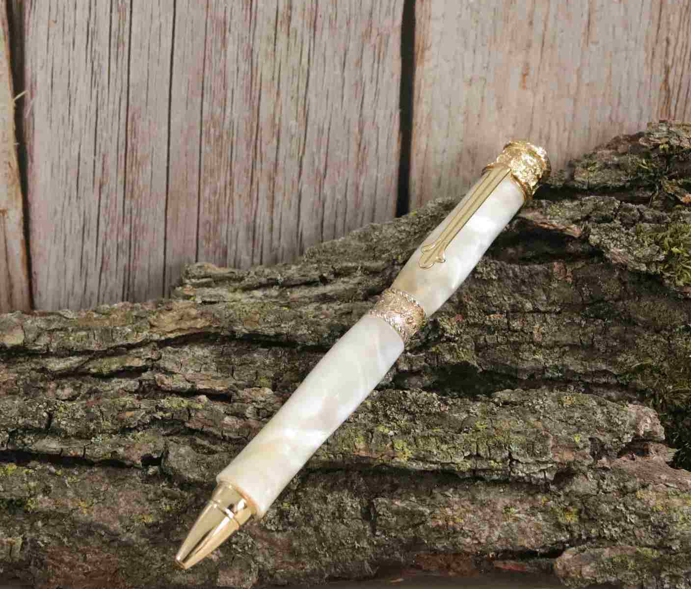 Handcrafted Acrylic Opal White Twist Pen- Faith With Gold Finish