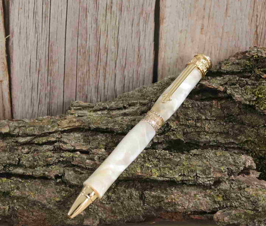 Handcrafted Acrylic Opal White Twist Pen- Faith With Gold Finish