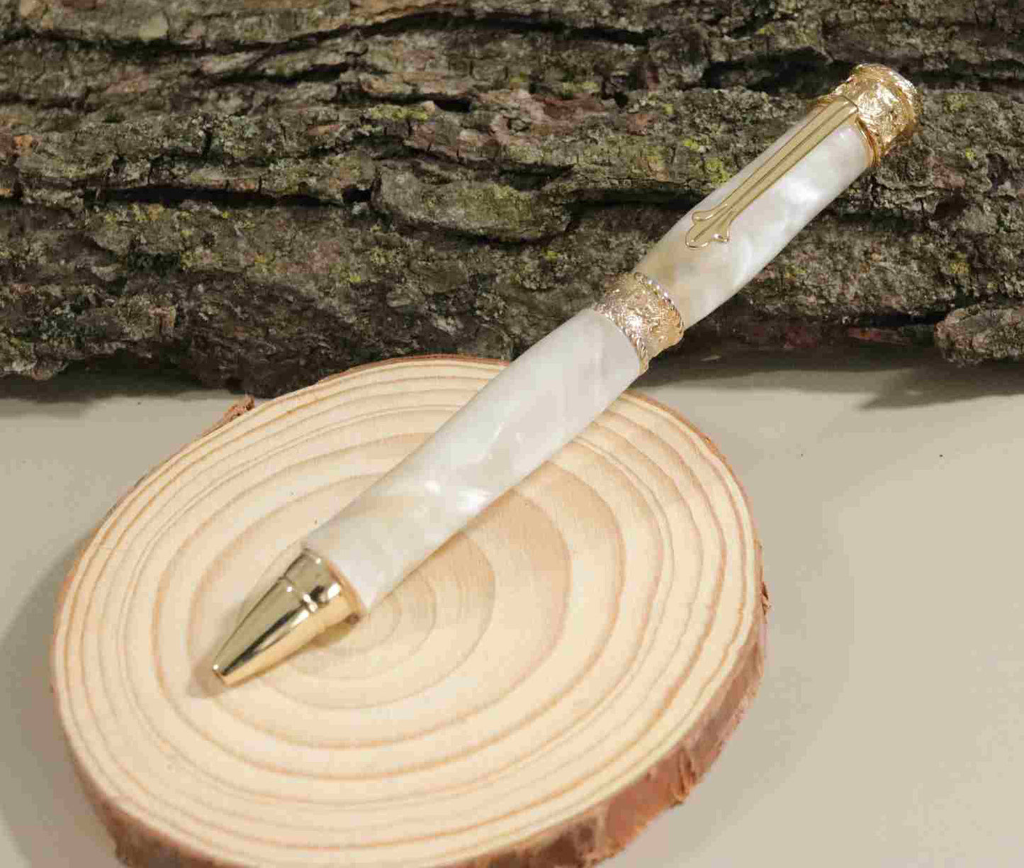 Handcrafted Acrylic Opal White Twist Pen- Faith With Gold Finish