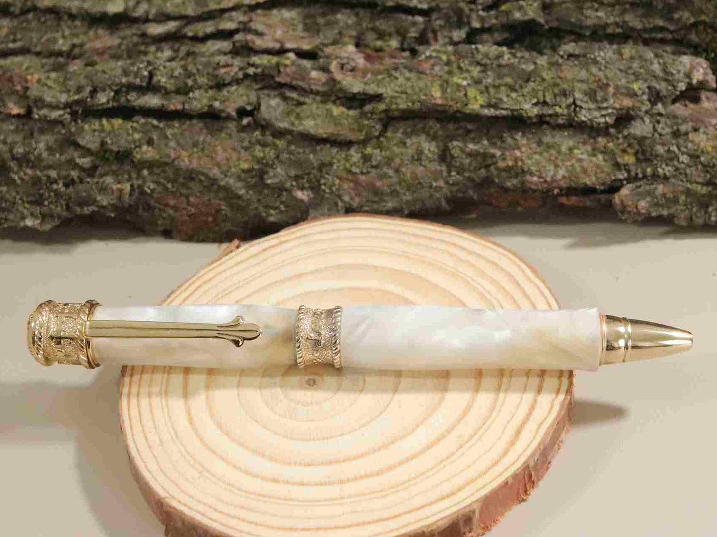 Handcrafted Acrylic Opal White Twist Pen- Faith With Gold Finish