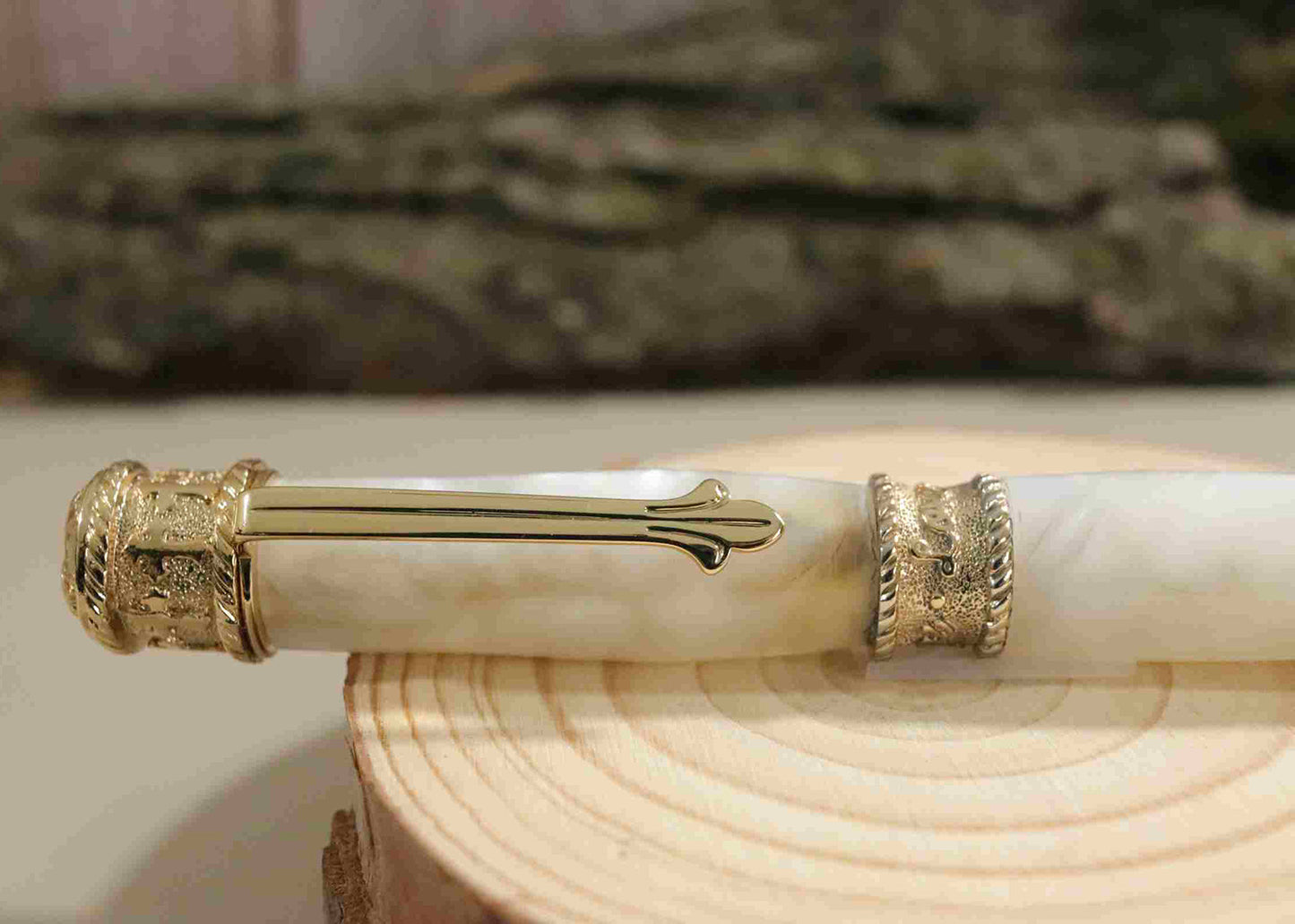 Handcrafted Acrylic Opal White Twist Pen- Faith With Gold Finish