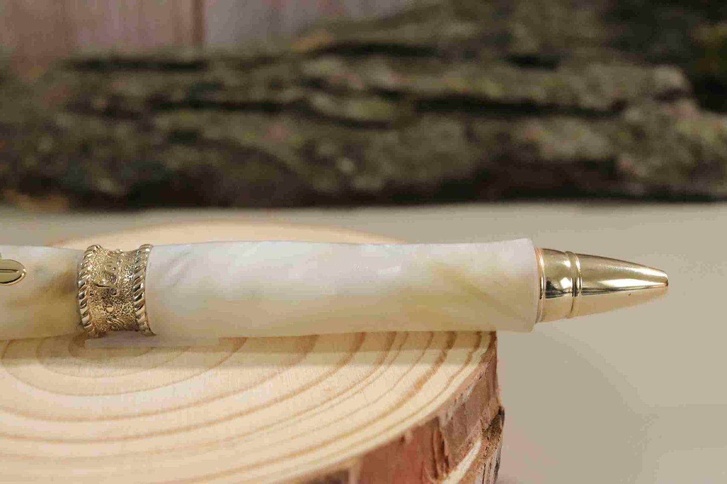 Handcrafted Acrylic Opal White Twist Pen- Faith With Gold Finish