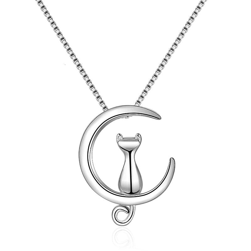 Sterling Silver Rhodium Finish Pendant With Kitty Cat On Half Crescent Moon 18"