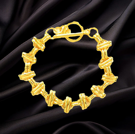 24Kt Gold-Plated Sterling Silver Double-Bar Circle Link Bracelet – Elegant 7" Toggle Clasp Jewelry