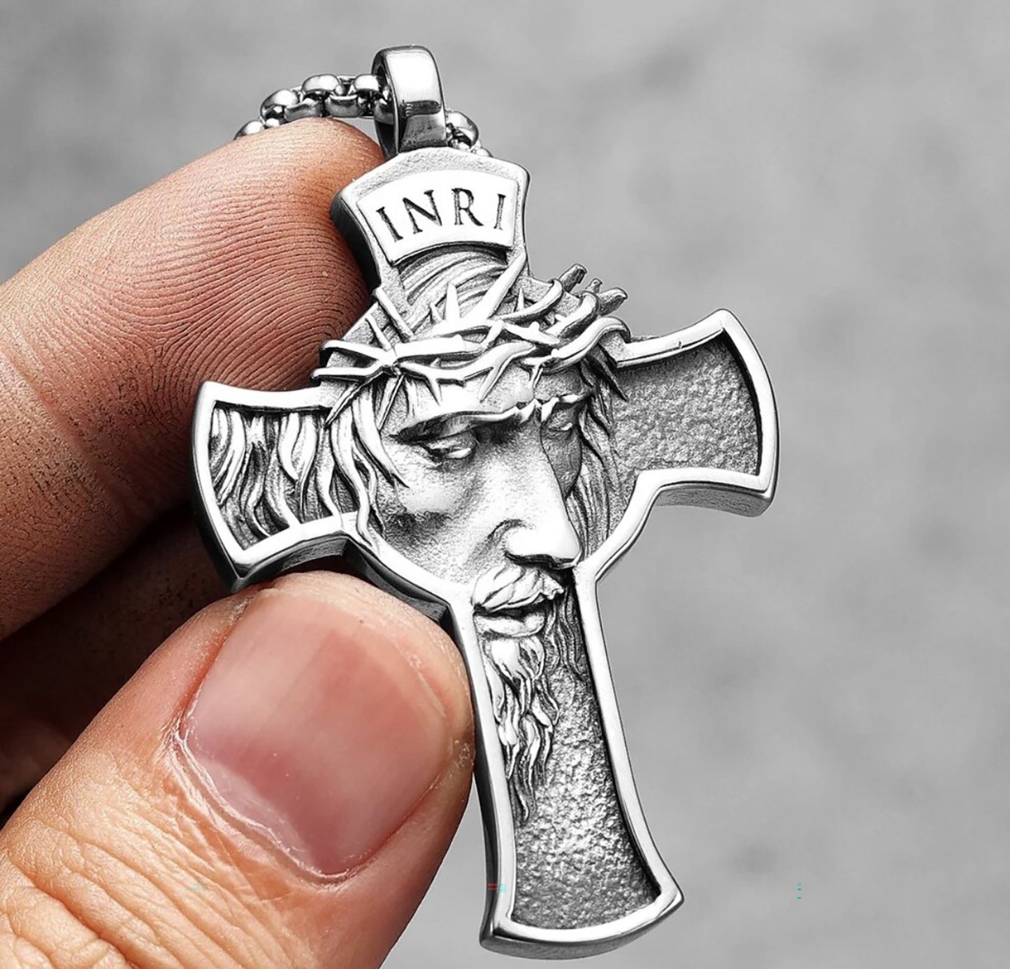 Stainless Steel INRI Cross with Jesus Face Necklace