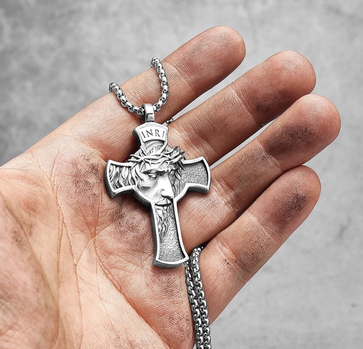 Stainless Steel INRI Cross with Jesus Face Necklace