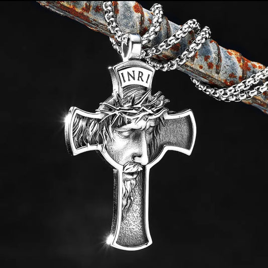 Stainless Steel INRI Cross with Jesus Face Necklace