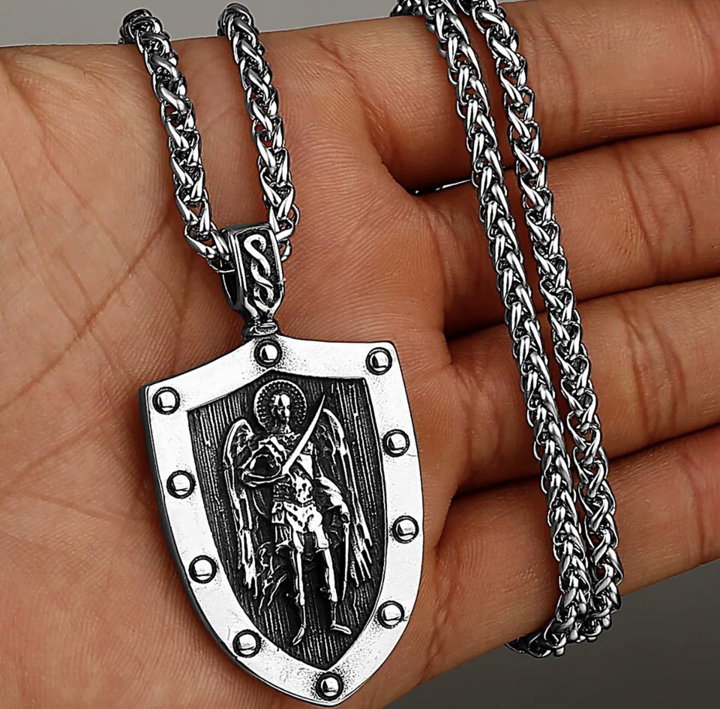 Stainless Steel Warrior Archangel St Michael Holy Shield Necklace