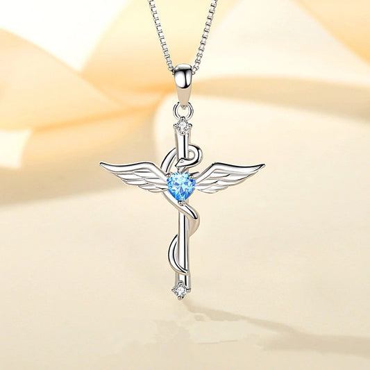 Elegant Sterling Silver Angel Wings Pendant with Sparkling Cubic Zirconia