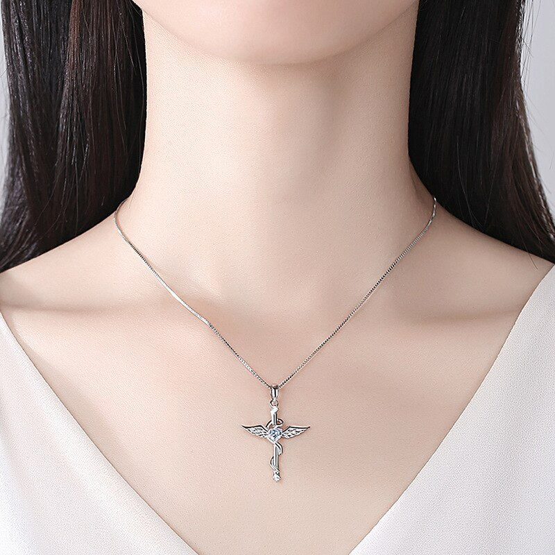 Elegant Sterling Silver Angel Wings Pendant with Sparkling Cubic Zirconia