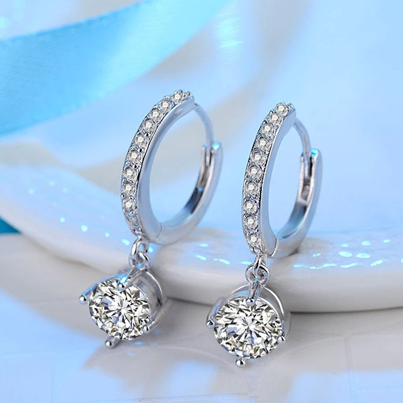 Classic Sterling Silver CZ Huggy Style Earrings with Round Dangling Solitaire CZ