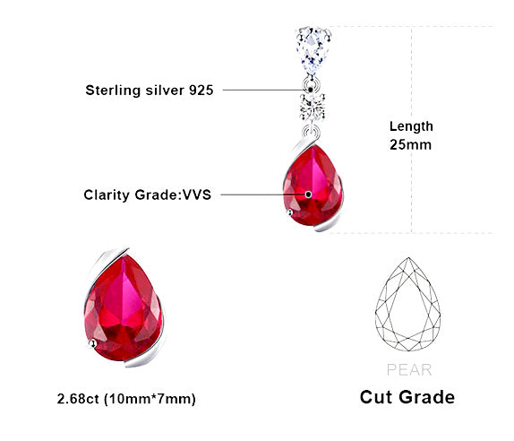 Sterling Silver Pear Shaped Ruby Lab Created Non-Treated Accented with Two Round Cubic Zirconia Stones on 18" Box Chain. Origin of Stone China