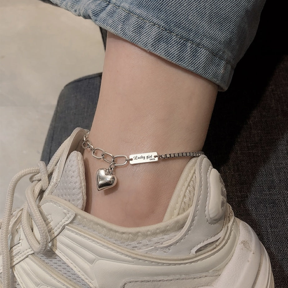 Vintage Rhodium Silver Anklet with ID Tag &amp; Engraved Heart Charm