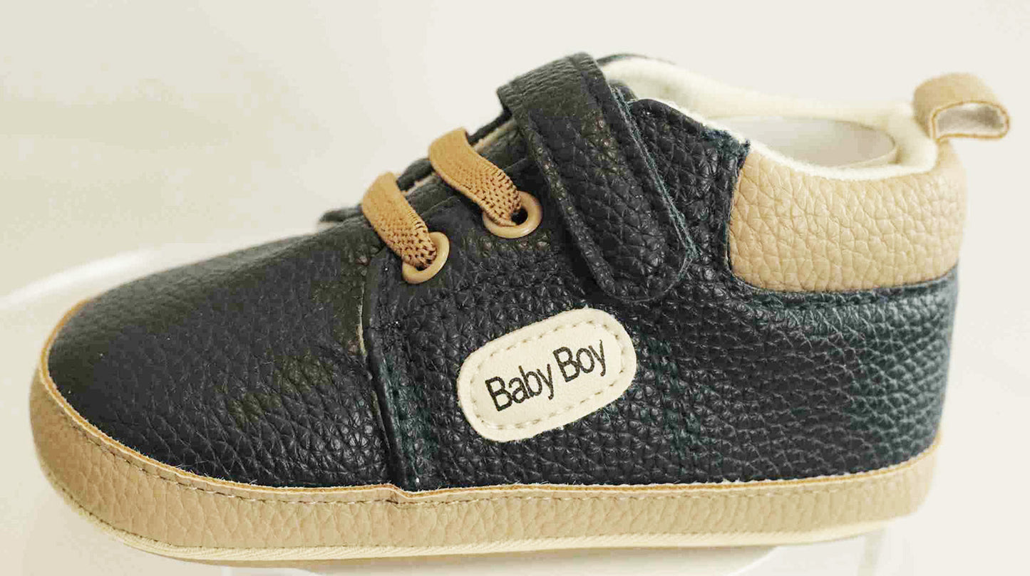 Boy's Non-Slip Rubber Sole Shoes with Strechable Decorative Lace & Adjustable Strap PU Leather Shoes