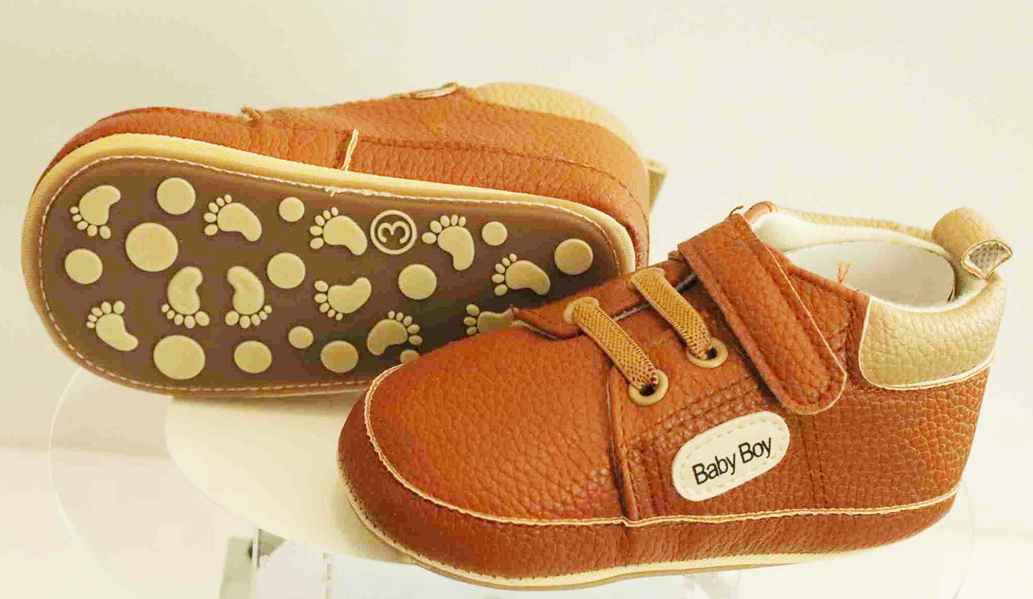 Boy's Non-Slip Rubber Sole Shoes with Strechable Decorative Lace & Adjustable Strap PU Leather Shoes