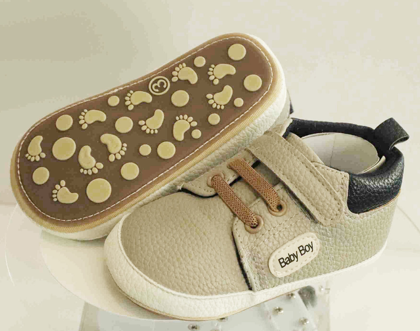 Boy's Non-Slip Rubber Sole Shoes with Strechable Decorative Lace & Adjustable Strap PU Leather Shoes