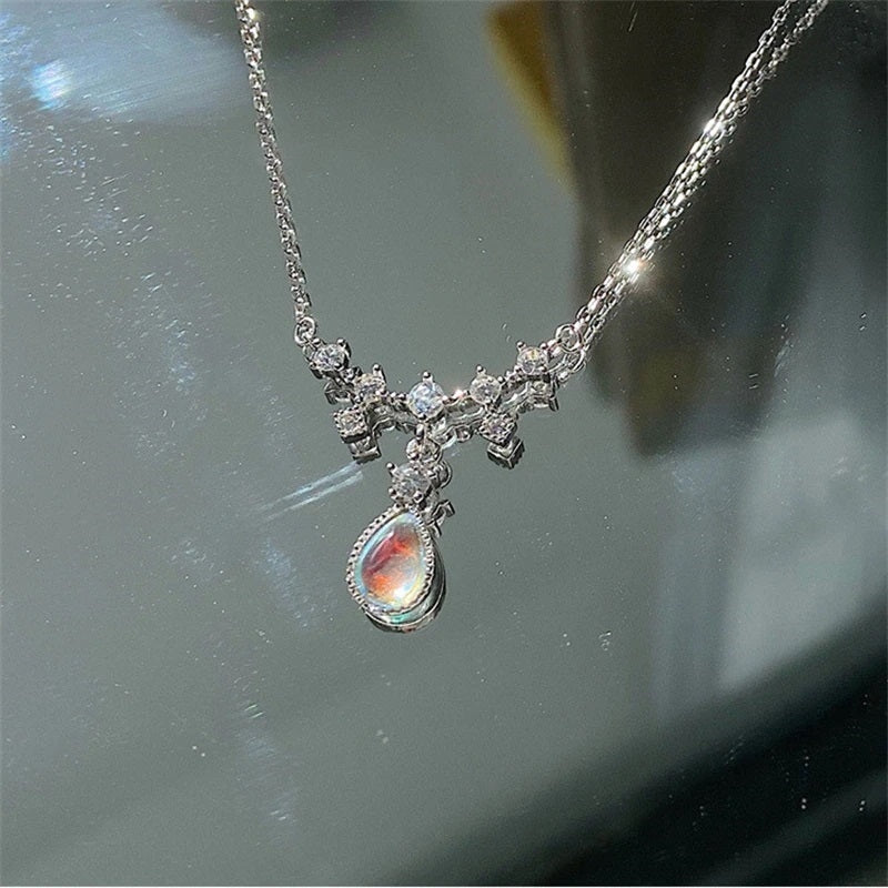 Classy Dainty Tear Drop Moonstone &amp; CZ Sterling Silver Pendant on 18-inch Adjustable Necklace.