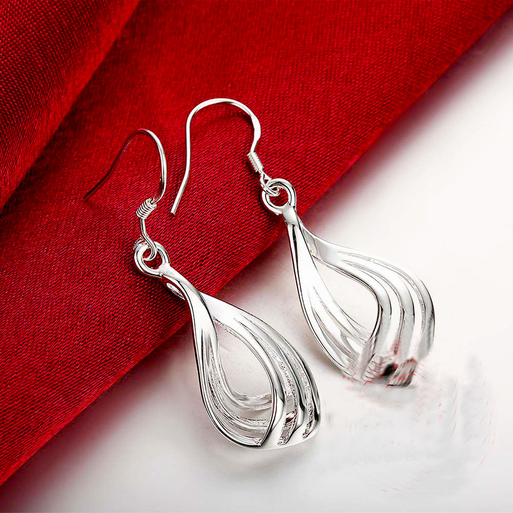 Exquisite Sterling Silver 3 Line Ripple Water Drop Vintage Dangle Earrings