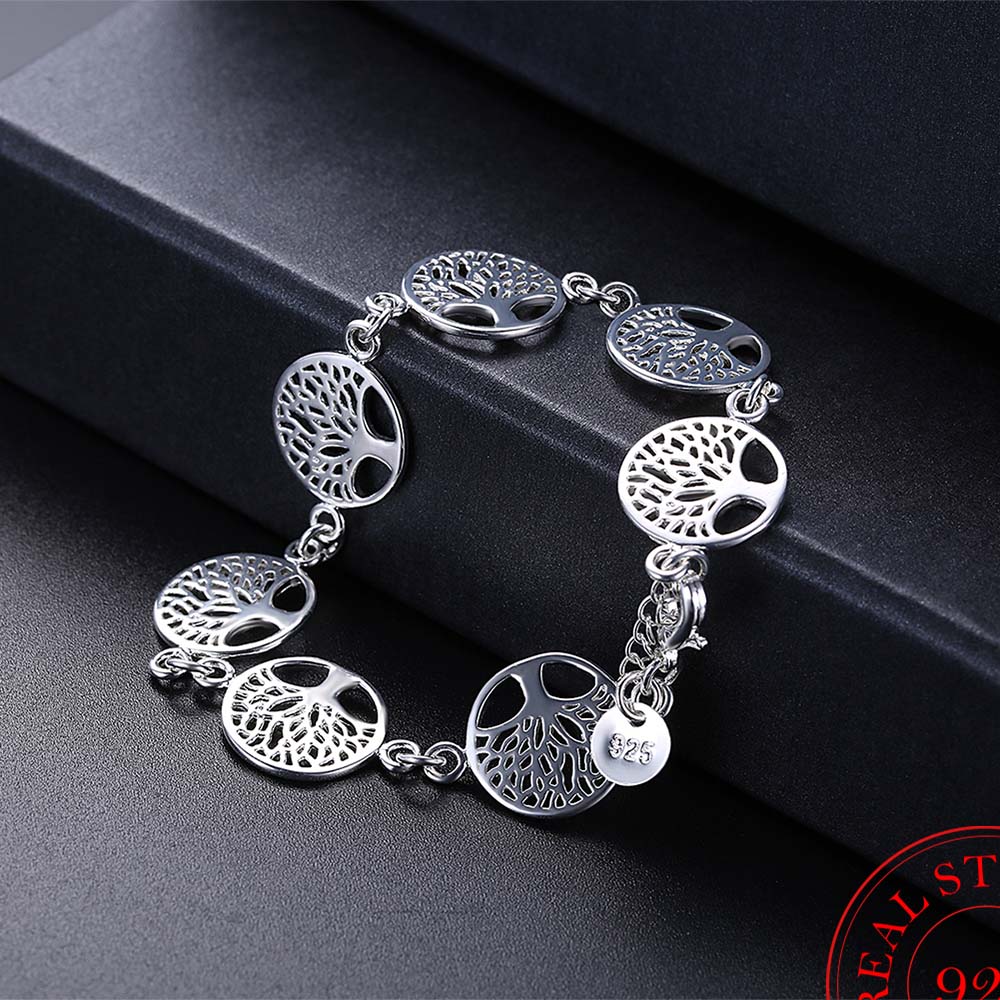 Beautiful Sterling Silver Bracelet with 7 Tree of Life Charms