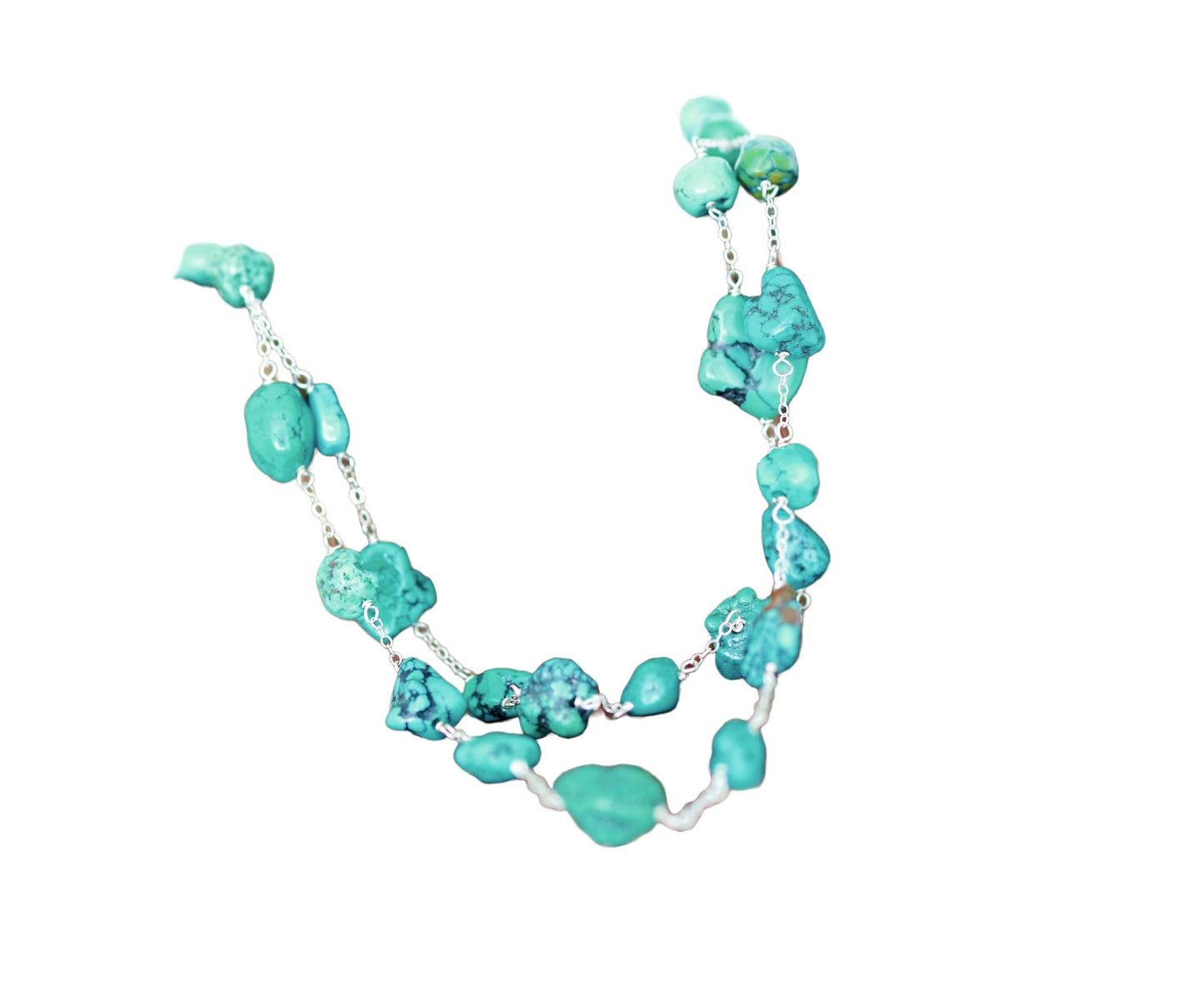 Elegantly Designed Sterling Silver 2 Strand Graduated Natural Turquoise Nugget Necklace 18"
