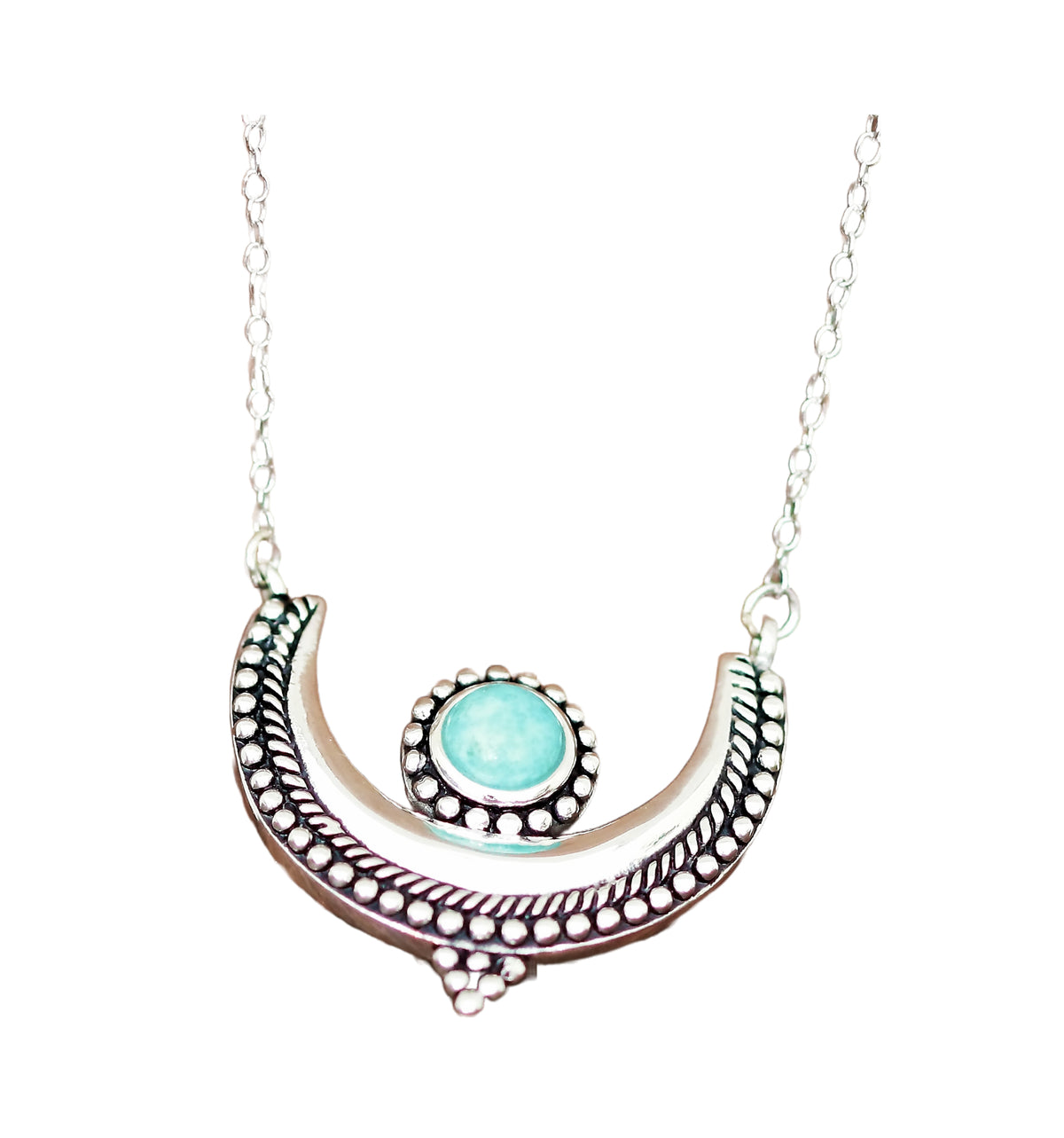 Exquisitely Designed Crescent Shaped Sterling Silver 18" Necklace with Natural Round Turquoise