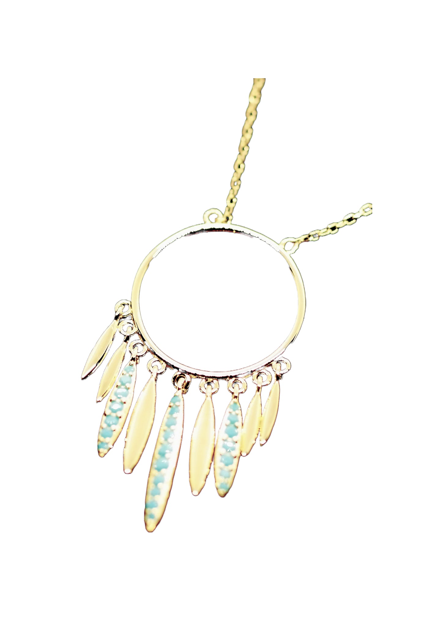 14KT Gold Plated Sterling Silver Necklace with Turquoise CZ Embedded on Hanging Feathers 18" Long