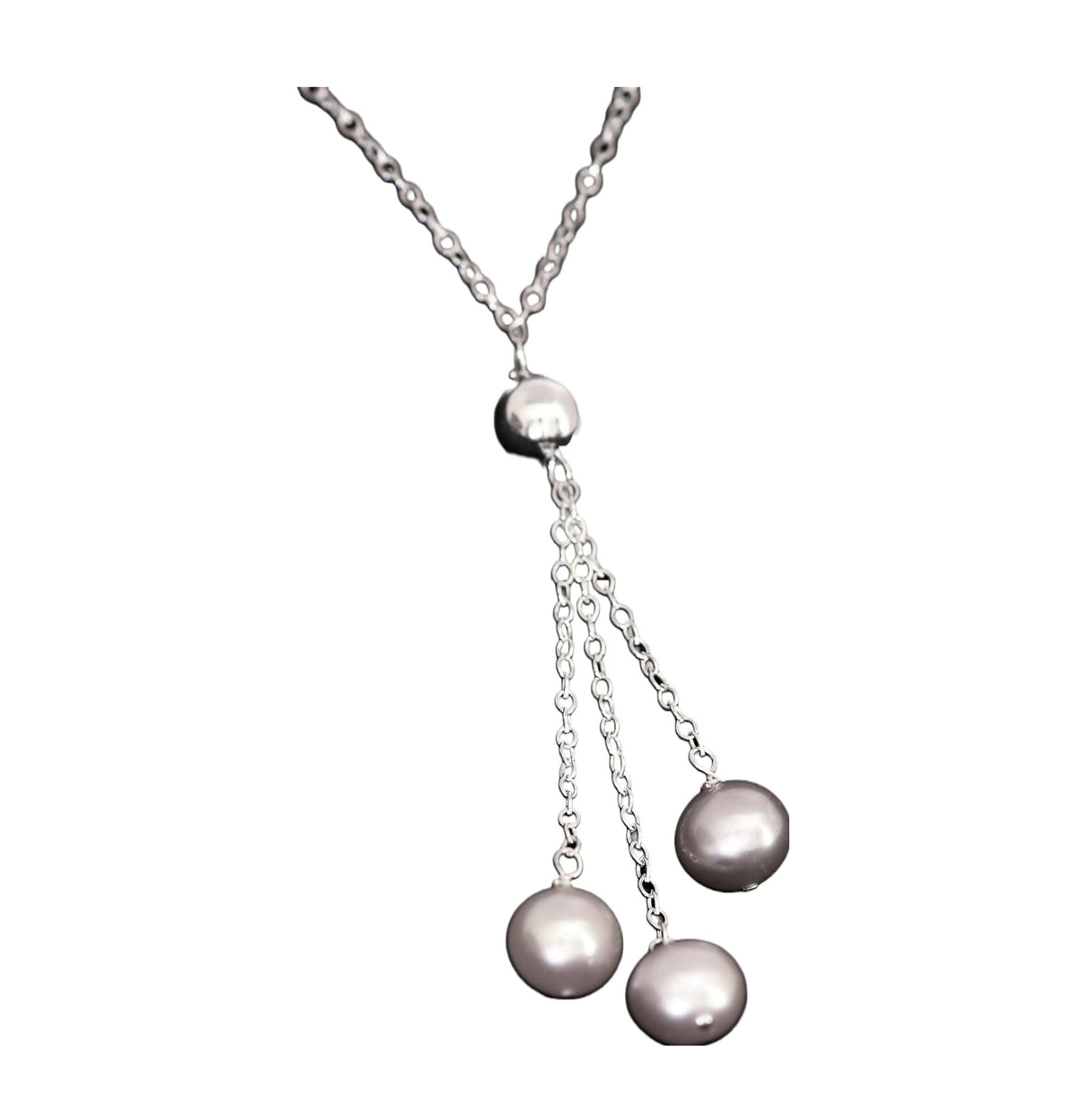 Exquisitely Designed Sterling Silver 3 Cultured Fresh Water Pearl Lariat Necklace18" Long