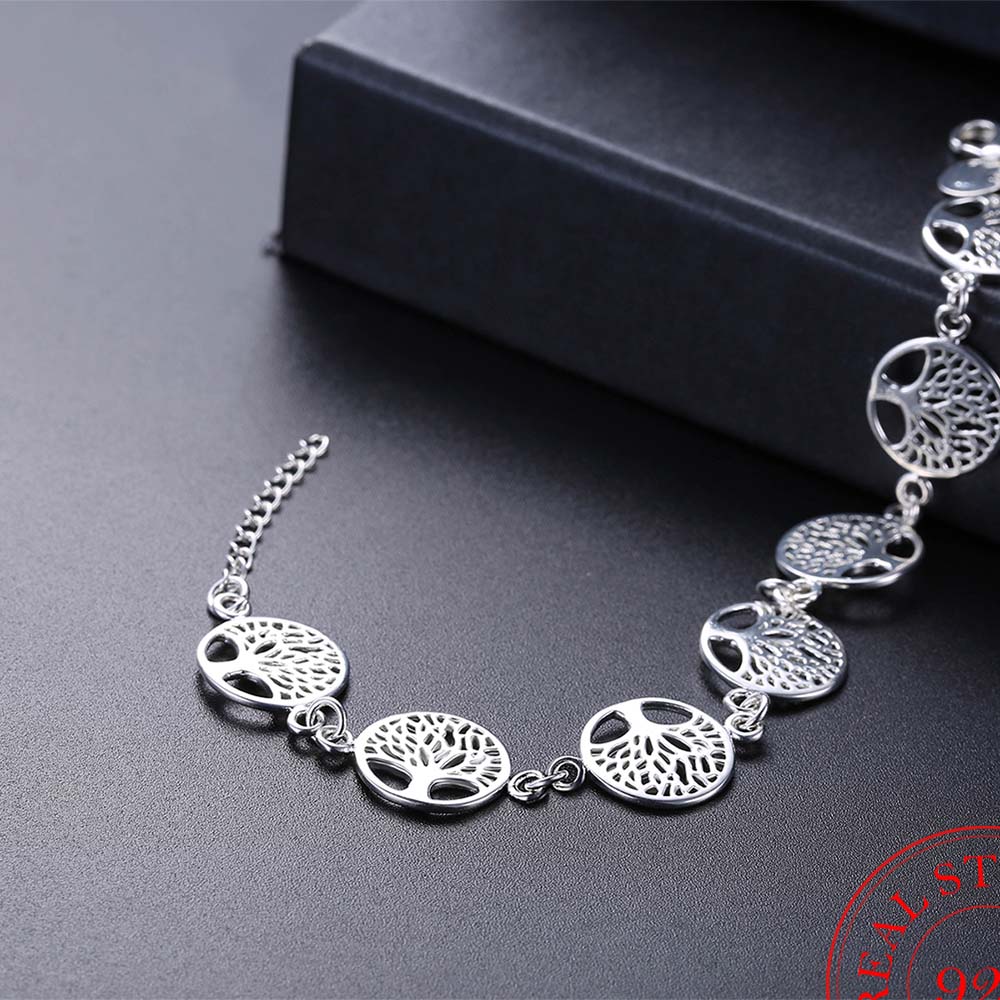 Beautiful Sterling Silver Bracelet with 7 Tree of Life Charms