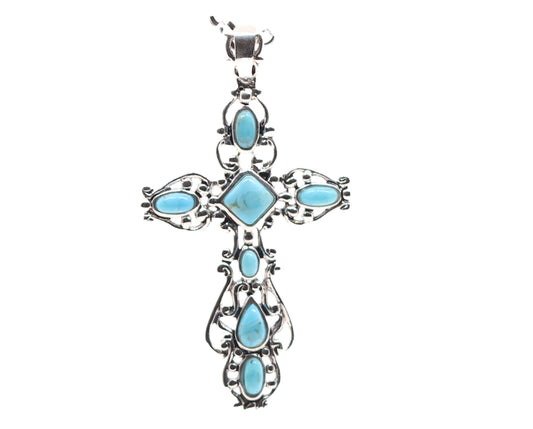 Stylish Rhodium Plated Sterling Silver Cross Necklace with Natural Turquoise Pendant