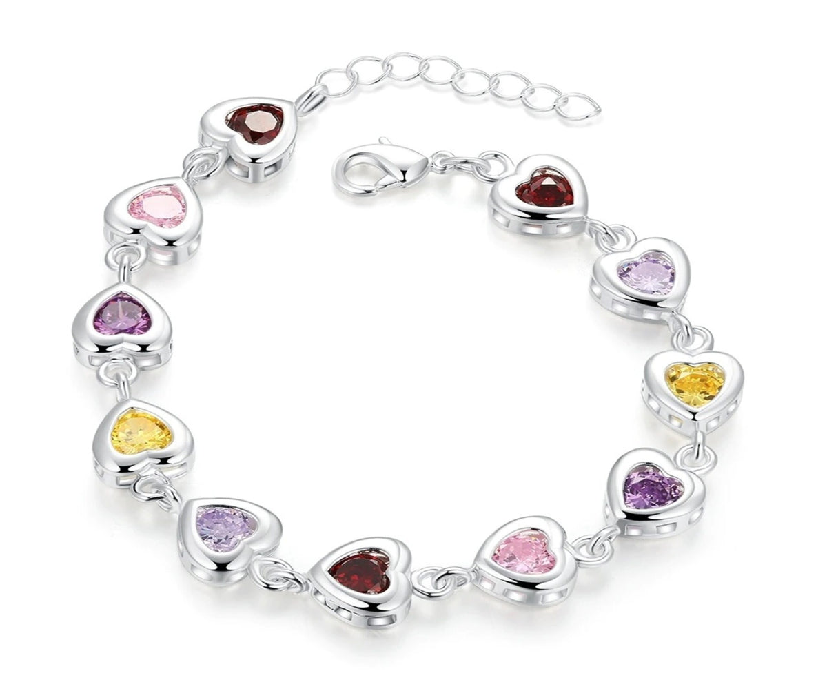 Sterling Silver Heart Bracelet With Multi Color Synthetic Stones