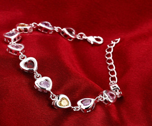 Sterling Silver Heart Bracelet With Multi Color Synthetic Stones