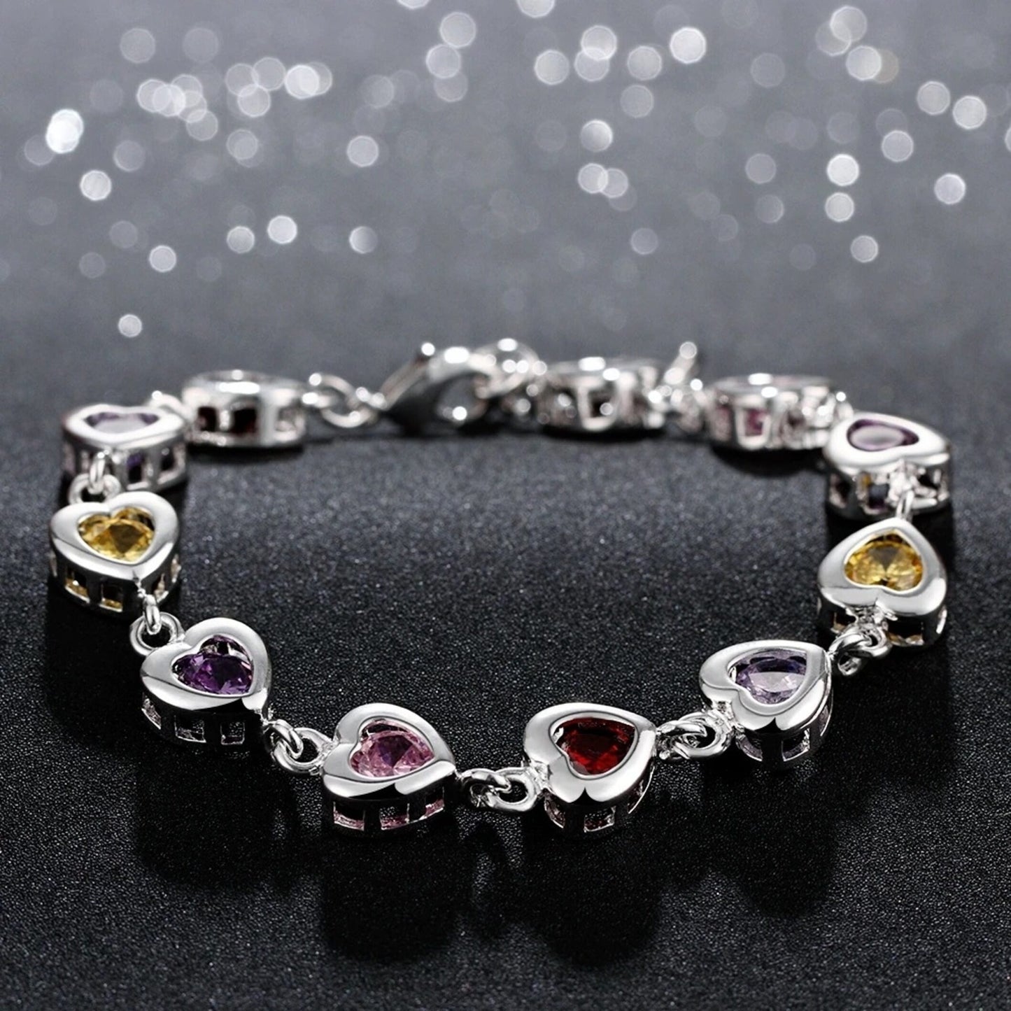 Sterling Silver Heart Bracelet With Multi Color Synthetic Stones