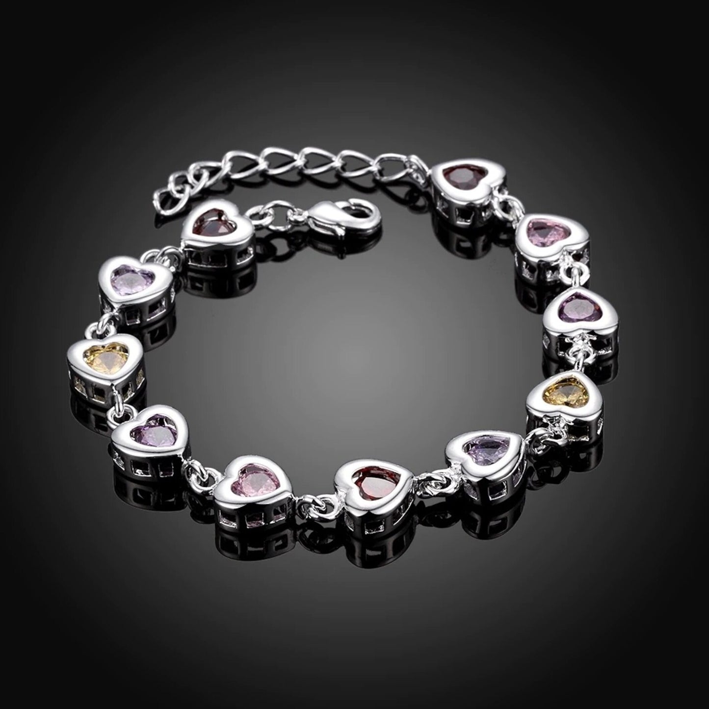 Sterling Silver Heart Bracelet With Multi Color Synthetic Stones