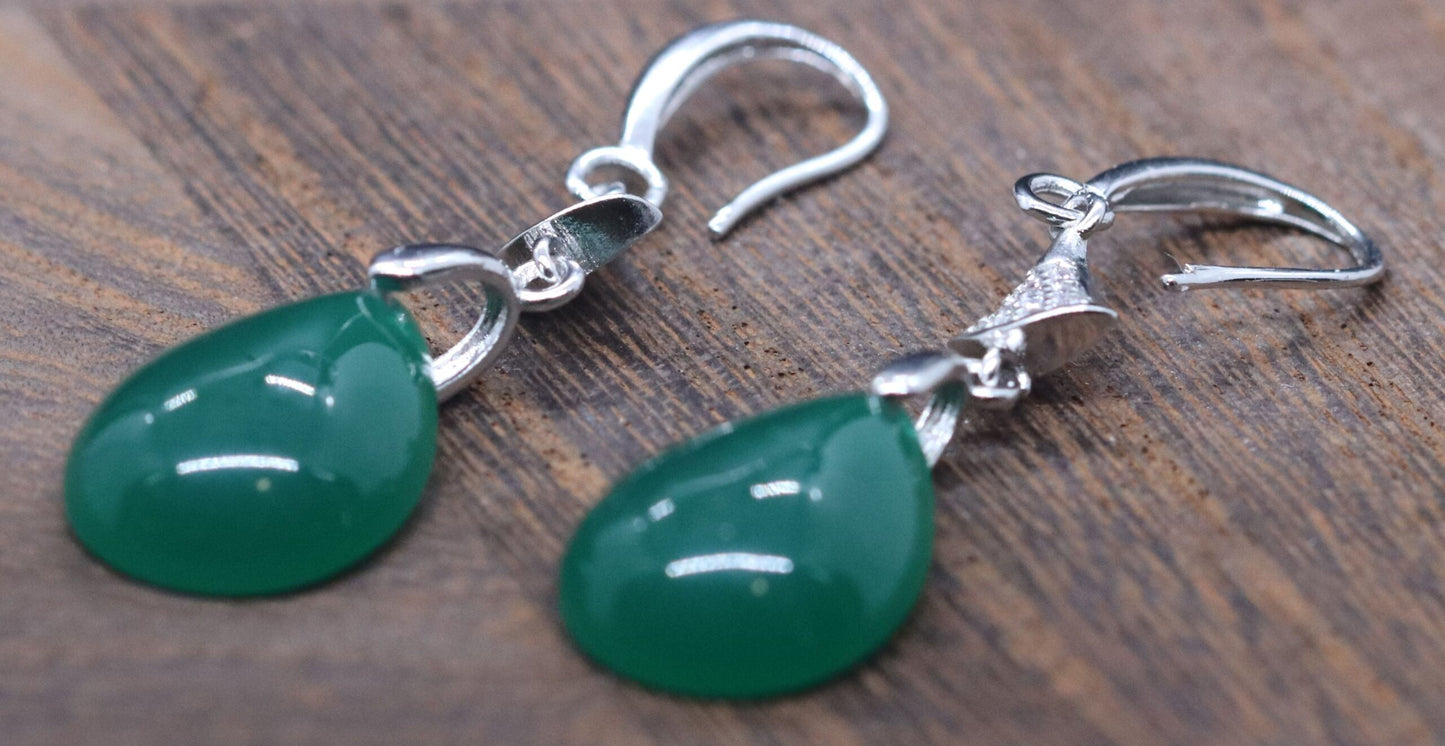 Elegant Sterling Silver Water Droplet Sleek Finish Genuine Jade Drop Earrings