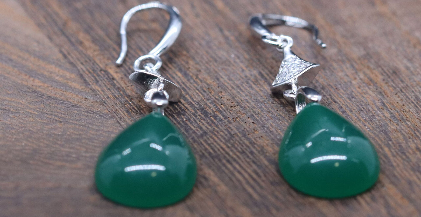 Elegant Sterling Silver Water Droplet Sleek Finish Genuine Jade Drop Earrings