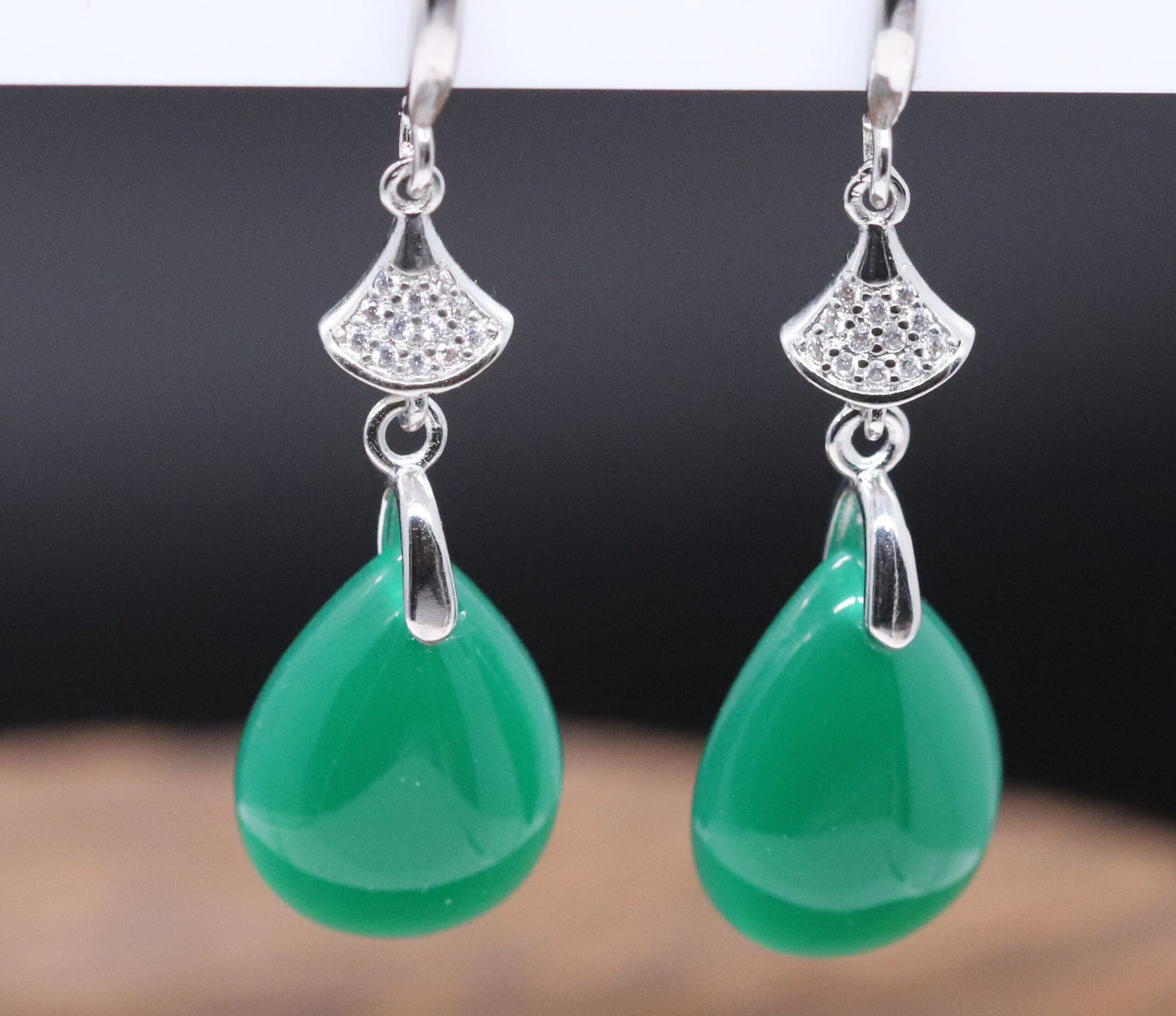 Elegant Sterling Silver Water Droplet Sleek Finish Genuine Jade Drop Earrings