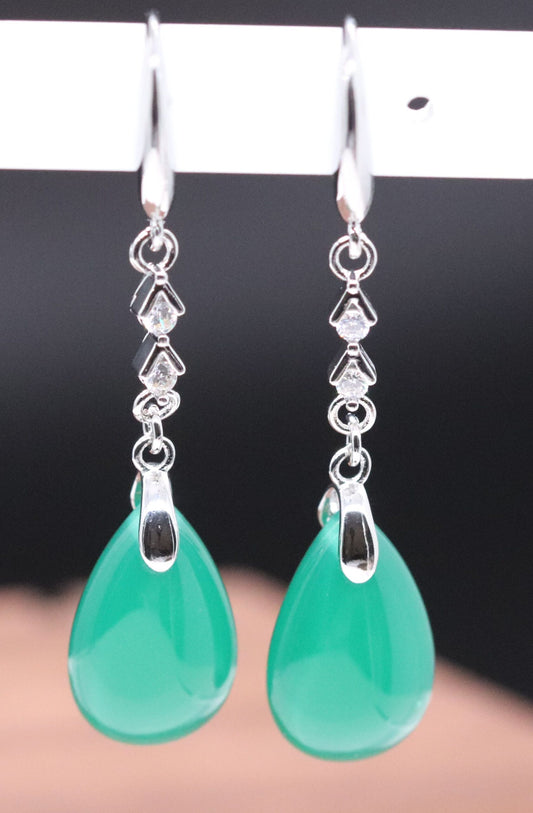 Elegant Sterling Silver Tear-Drop Polished Natural Jade Dangle Earrings