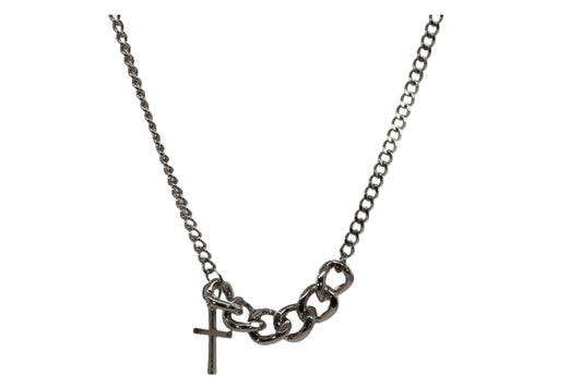 Sterling Silver Rhodium Finish Adjustable Necklace With Large Curb Chain And High Polish Cross Pendant