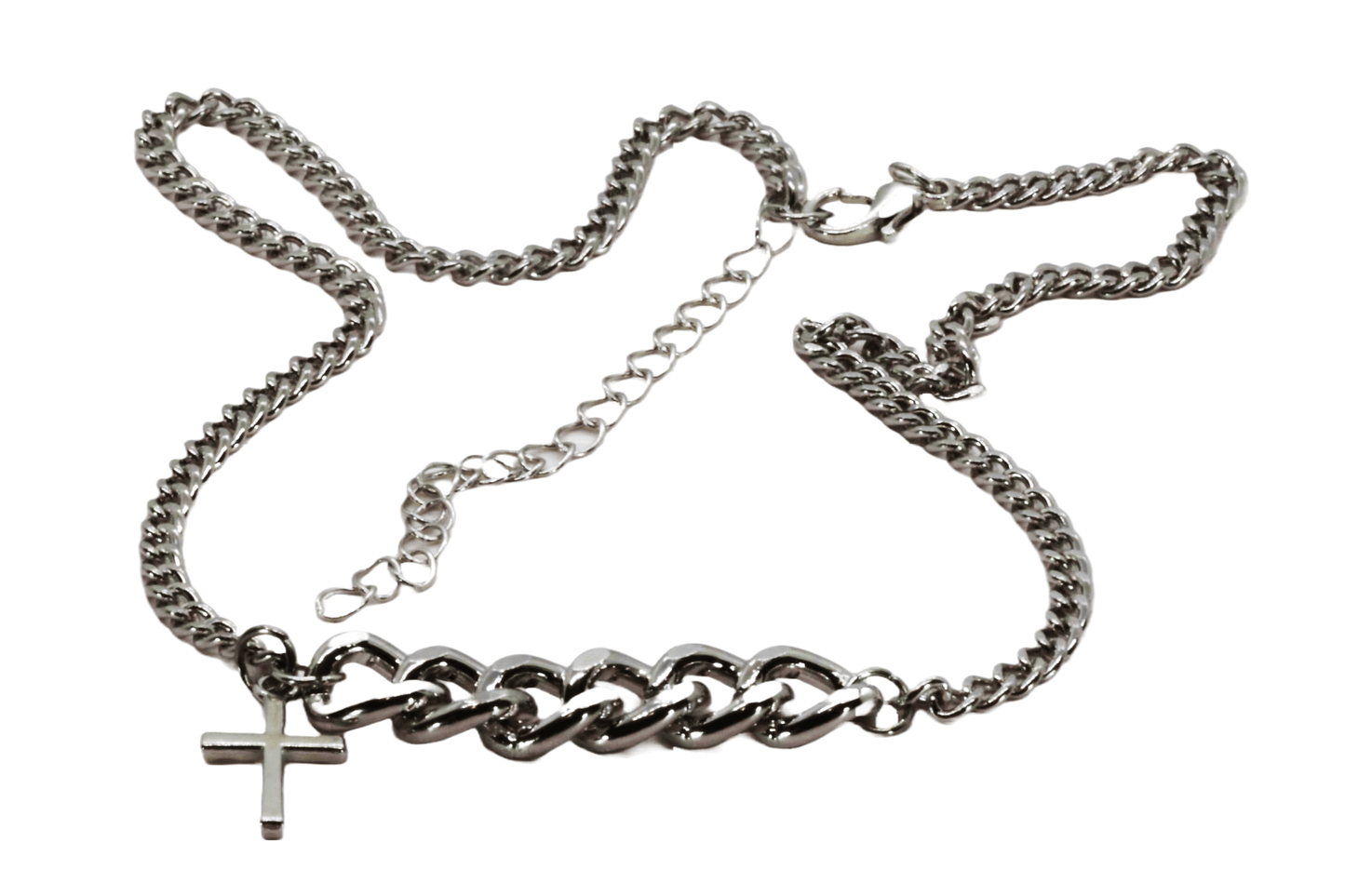 Sterling Silver Rhodium Finish Adjustable Necklace With Large Curb Chain And High Polish Cross Pendant