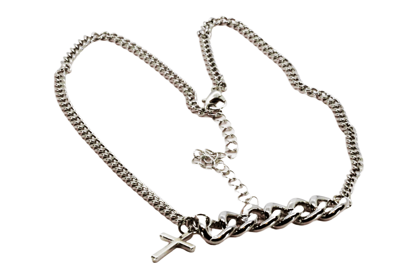 Sterling Silver Rhodium Finish Adjustable Necklace With Large Curb Chain And High Polish Cross Pendant