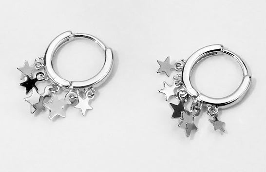 Elegantly Designed Rhodium Finish Sterling Silver Hoop Earrings with Hanging Stars