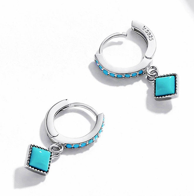 Elegantly Designed Bohemian Style Sterling Silver Earrings with Dangling Natural Turquoise Stone