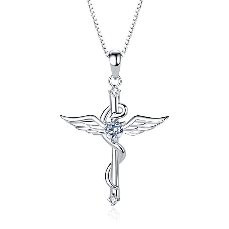 Elegant Sterling Silver Angel Wings Pendant with Sparkling Cubic Zirconia