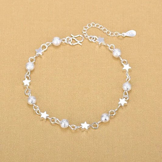 Sterling Silver Florentine Ball &amp; High Polish Star Bracelet 7"