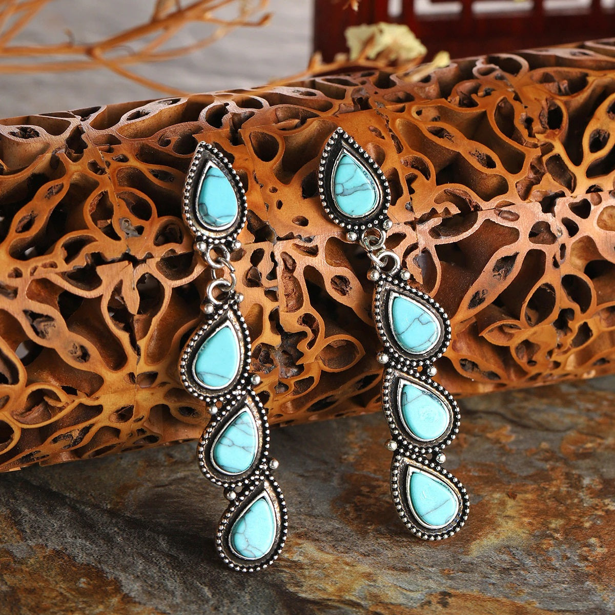 Handcrafted Sterling Silver Paisley Drop Earrings with Synthetic Turquoise Stones