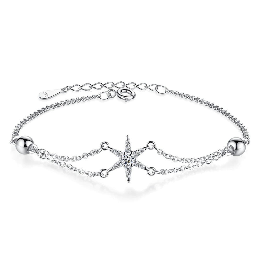 Elegant Sterling Silver Bracelet with Star Charm and Synthetic Stones